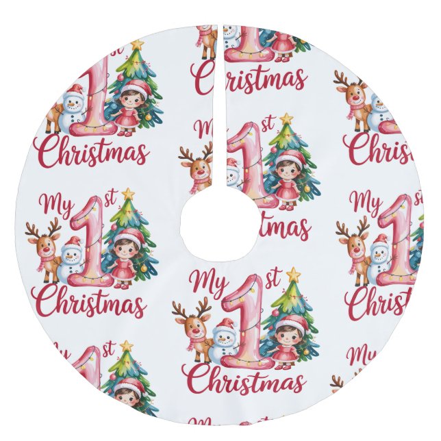 My First 1st Christmas Pink Baby Girl Xmas Snowman Brushed Polyester Tree Skirt (Front)
