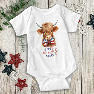 My First 4th of July Patriotic Cute Highland Cow Baby Bodysuit