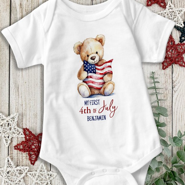 My First 4th of July Patriotic Cute Teddy Bear Baby Bodysuit (Creator Uploaded)
