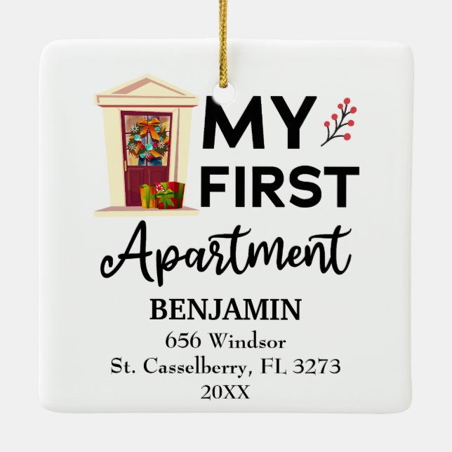 My First Apartment 2021 Custom Names & Address Ceramic Ornament (Back)
