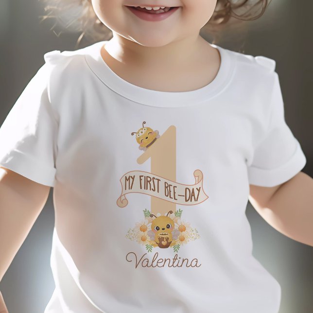 "My First Bee Day" Cute 1st Birthday Shirt w/ Name (My first bee-day 1st birthday shirt cute bees and flowers with custom name girls first birthday )