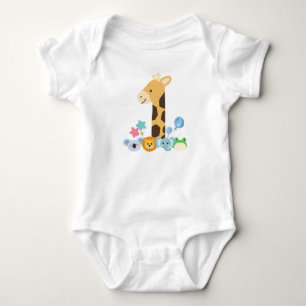 My First Birthday. Giraffe and Happy Animals Desig Baby Bodysuit