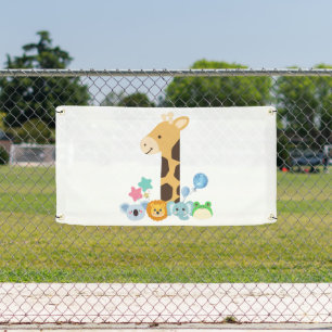 My First Birthday. Giraffe and Happy Animals Desig Banner