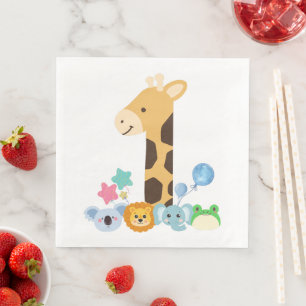 My First Birthday. Giraffe and Happy Animals Desig Napkin