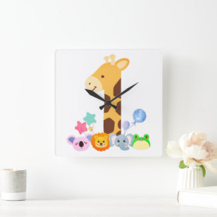 My First Birthday. Giraffe and Happy Animals Desig Square Wall Clock