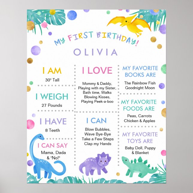 My First Birthday Girl 1 Year Old Dinosaur Sign (Front)