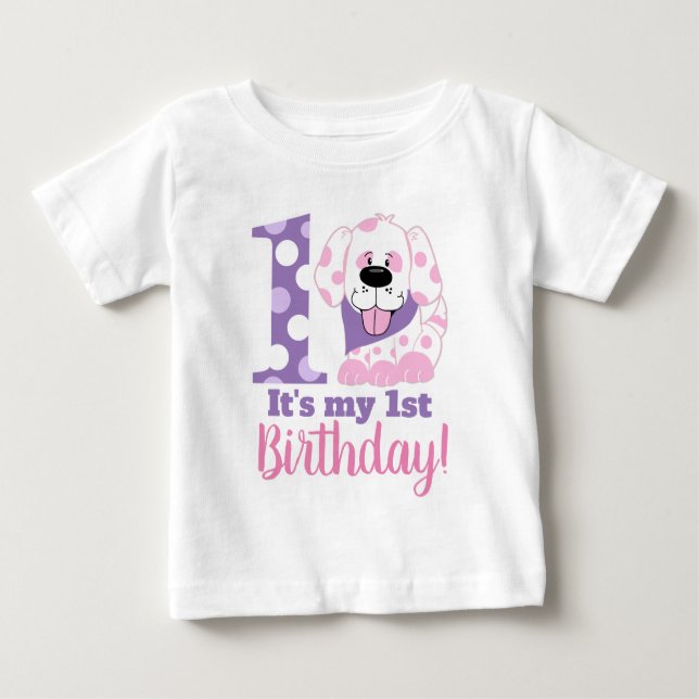 My First Birthday Girl's Puppy Dog T-Shirt (Front)