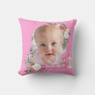 My First birthday Pink Baby Girl Photo floral Cushion