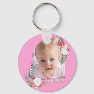 My First birthday Pink Baby Girl Photo floral Key Ring