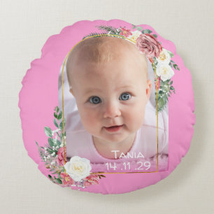 My First birthday Pink Baby Girl Photo floral Round Cushion