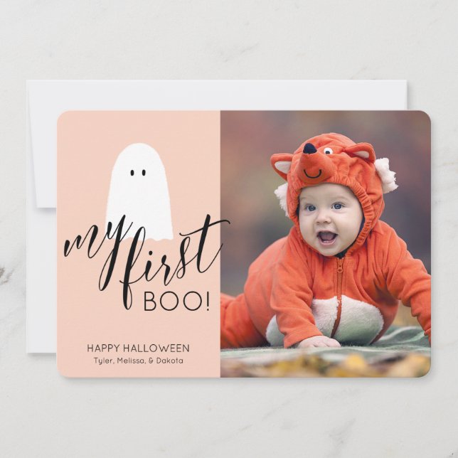 My First Boo Cute Ghost Photo Halloween Peach Holiday Card (Front)
