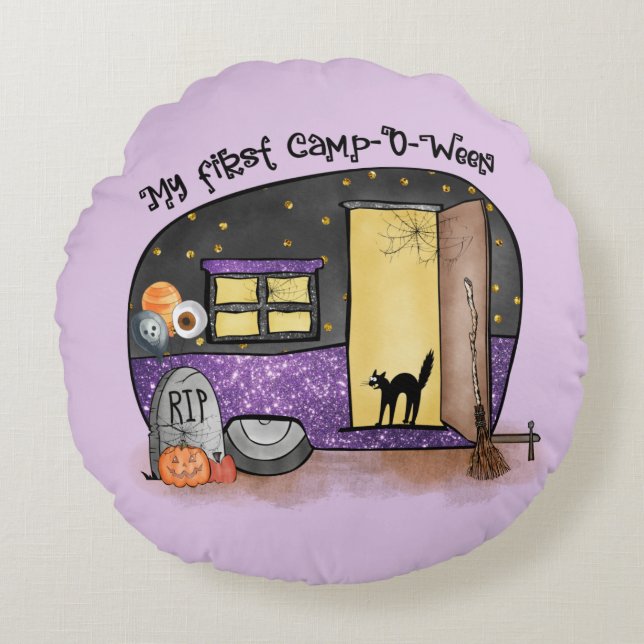My First Camp-O-Ween – Spooky Black Cat Round Cushion (Front)