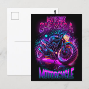 My first car was a motorcycle bike neon postcard