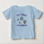 My First Chanukah Baby T-Shirt<br><div class="desc">Celebrate baby's first Chanukah with personalised Hanukkah menorah,  dreidels and Jewish Star with adorable "My First Chanukah".</div>