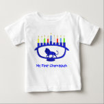 My First Chanukkah Blue Lion Menorah Baby T-Shirt<br><div class="desc">Features a lion-themed Chanukkah menorah with all eight candles and the shamash burning. Customisable text reading "My First Chanukkah" also appears. Chanukkah is the mid-winter "Festival of Lights."</div>
