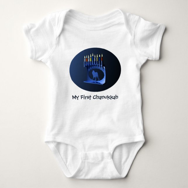 My First Chanukkah Shiny Blue Menorah Baby Bodysuit (Front)