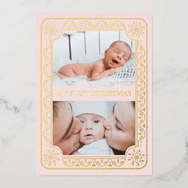  My First Christmas 2 Photo Keepsake Gold Foil Holiday Card (Front)