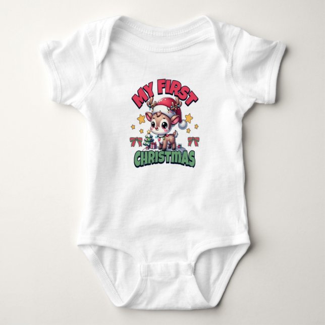 My First Christmas - Adorable Baby Reindeer Design Baby Bodysuit (Front)