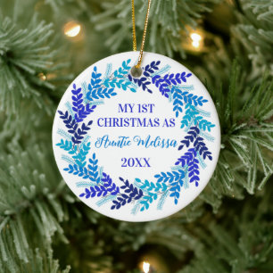 My First Christmas as Auntie Elegant Blue Wreath Ceramic Ornament