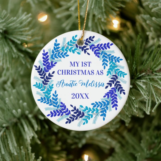 My First Christmas as Auntie Elegant Blue Wreath Ceramic Ornament (Tree)