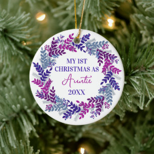 My First Christmas as Auntie Year Purple Wreath Ceramic Ornament