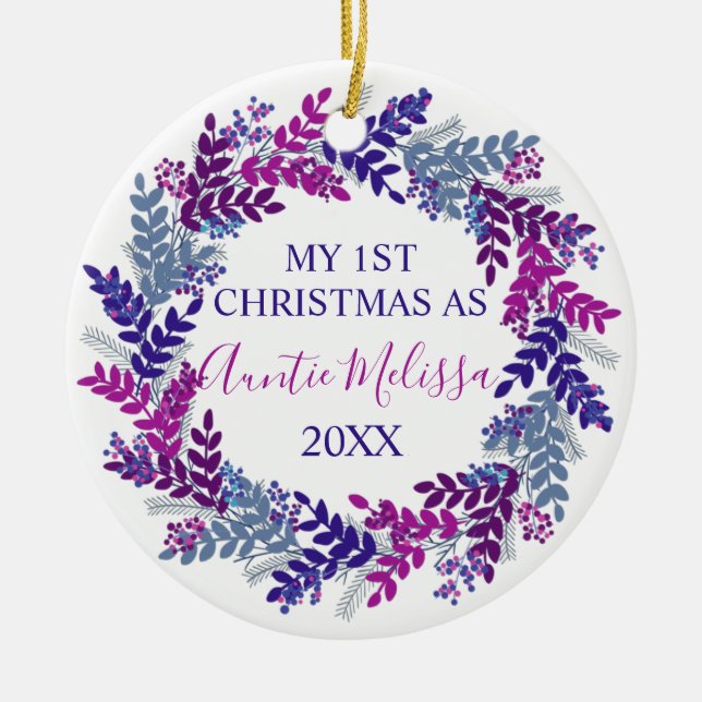 My First Christmas as Auntie Year Purple Wreath Ceramic Ornament (Front)