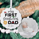 My first Christmas as dad name and photo Tree Decoration Card<br><div class="desc">Show your happiness for your first Christmas as a dad with this lovely first Christmas ornament decorated with a red Santa hat,  holly leaves,  and colourful Christmas lights. Easily customisable with your baby's name and date of birth and one of your favourite pictures on the reverse.</div>