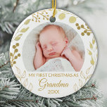 My First Christmas As Grandma Gold Foliage Photo Ceramic Ornament<br><div class="desc">This elegant Grandma Christmas Ornament is decorated with gold foliage on a white background.
Easily customisable with baby's photo and year.
Original Watercolor © Michele Davies.</div>