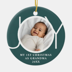 My First Christmas As Grandma Joy Photo Green Ceramic Ornament