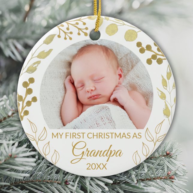 My First Christmas As Grandpa Gold Foliage Photo Ceramic Ornament (Creator Uploaded)