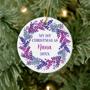 My First Christmas as Nana Year Purple Wreath Ceramic Ornament