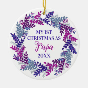 My First Christmas as Papa Year Purple Wreath Ceramic Ornament