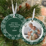 My First Christmas as | Photo Green Snowflake Ceramic Ornament<br><div class="desc">My First Christmas ornament personalised with your photo and custom text. This holiday ornament is green and decorated with white snowflakes. It is lettered with "my first christmas as great grandma" and you are welcome to edit "as great grandma" to wording of your choice. The back has more snowflakes and...</div>