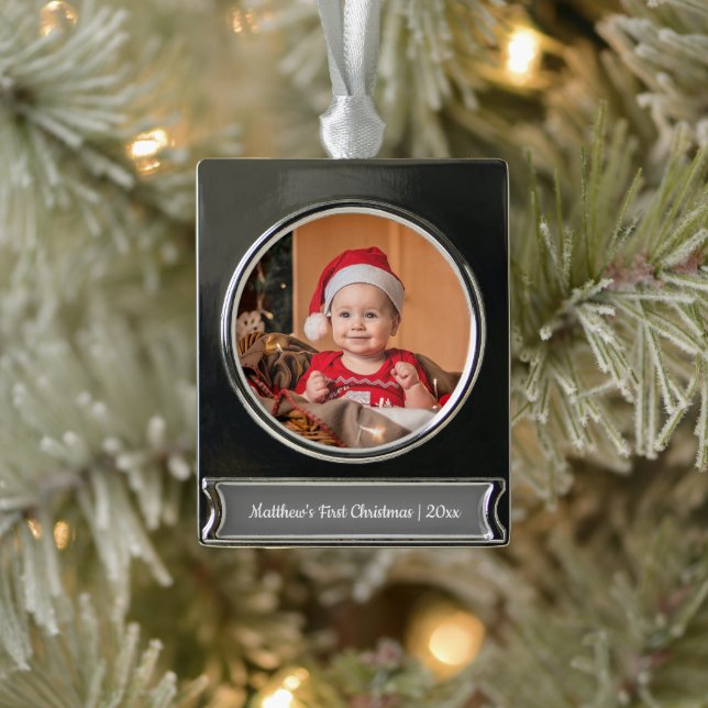 My First Christmas Baby 1 photo Silver Plated Banner Ornament (Tree)