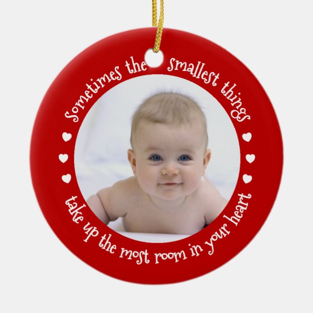 My First Christmas Baby Add a Photo Holiday Red Ceramic Ornament (Front)