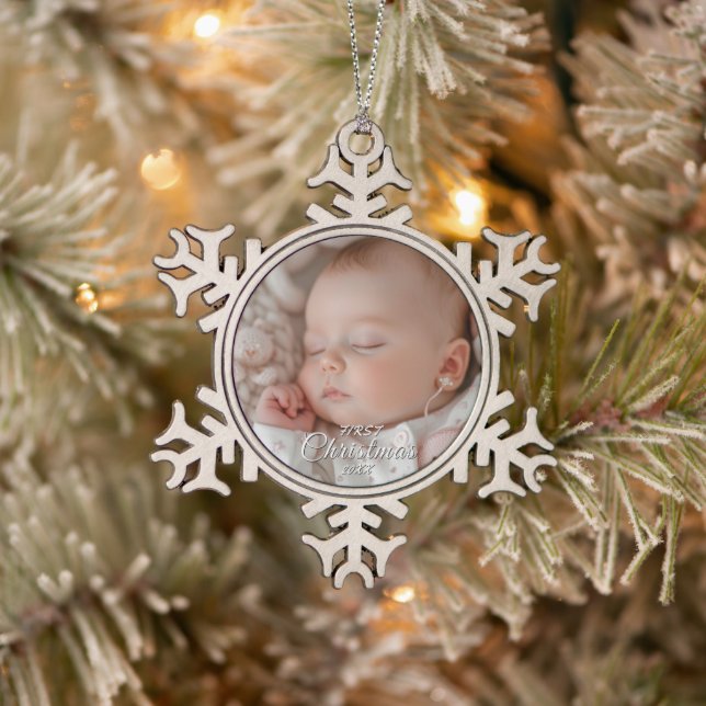 My First Christmas Baby Custom Photo Snowflake Pewter Christmas Ornament (Tree)