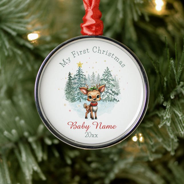 My First Christmas Baby Deer Custom Name Keepsake Metal Ornament (Creator Uploaded)