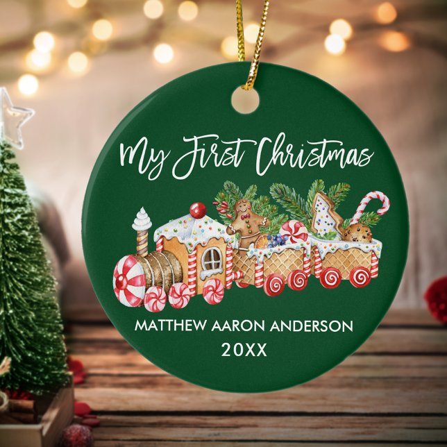 My First Christmas Baby Gingerbread Train Green Ceramic Ornament (Baby's First Christmas Candy Cane Train Ornament)