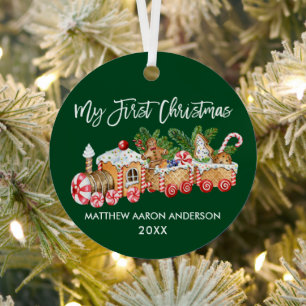 My First Christmas Baby Gingerbread Train Green Metal Tree Decoration
