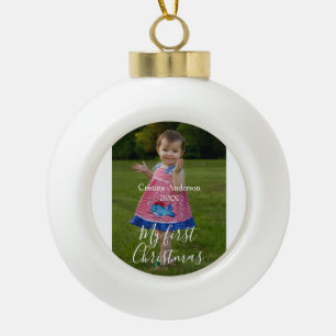 my first Christmas baby girl photo name year simpl Ceramic Ball Christmas Ornament