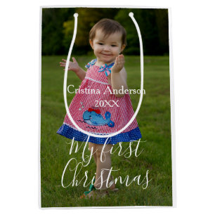 my first Christmas baby girl photo name year simpl Medium Gift Bag