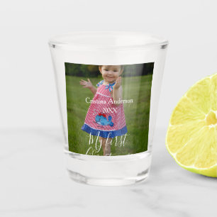 my first Christmas baby girl photo name year simpl Shot Glass