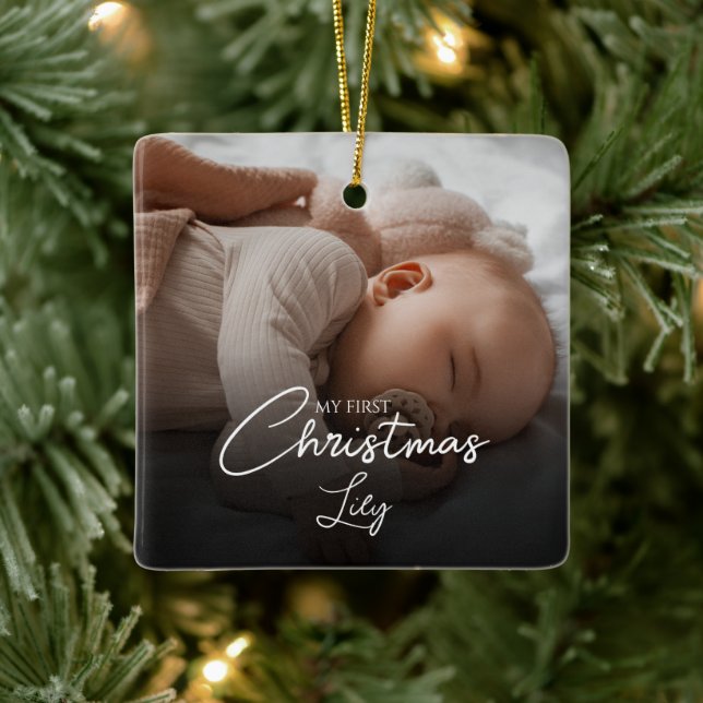 My First Christmas Baby Girl Stats Photo Script Ceramic Ornament (Tree)