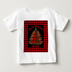 My First Christmas baby Name red palaid xmas tree Baby T-Shirt