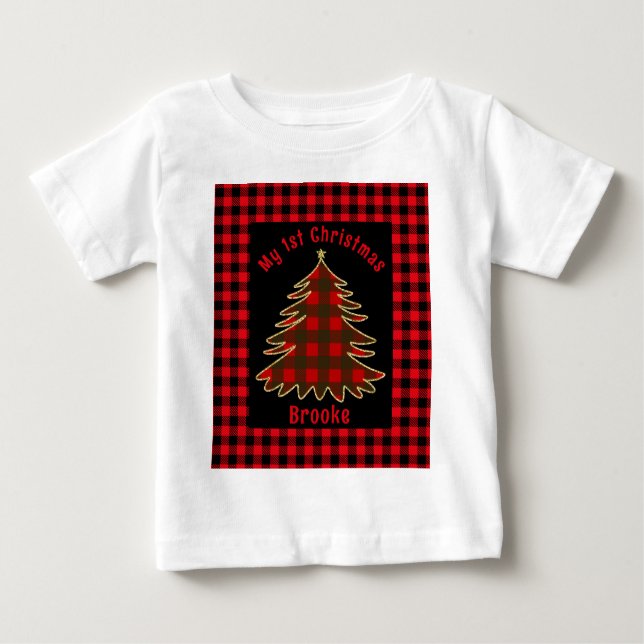 My First Christmas baby Name red palaid xmas tree Baby T-Shirt (Front)