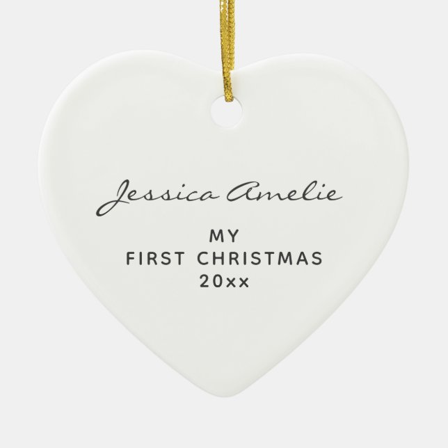 My First Christmas Baby Name Script Heart White Ceramic Ornament (Front)
