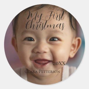 My first Christmas baby photo add name year modern Classic Round Sticker