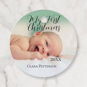 My first Christmas baby photo add name year modern Favour Tags