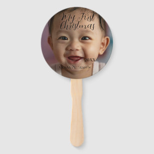 My first Christmas baby photo add name year modern Hand Fan