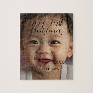 My first Christmas baby photo add name year modern Jigsaw Puzzle